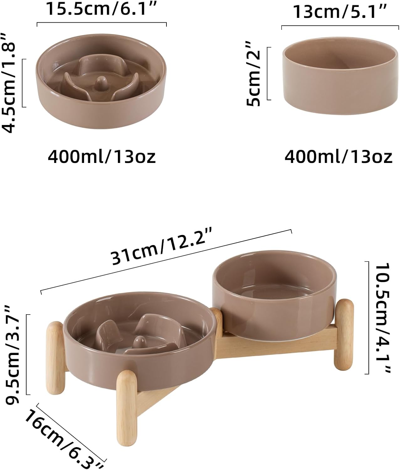 Ceramic Raised Slow Feeder Dog Bowl Set, Elevated 5.1inch Bowl and 6.1inch Puzzle Slow Pet Food Dish with Wooden Stand for Small Dog and Cat, Anti-Gulping (2X Brown Coffee+ Stand) - Pet Explorer
