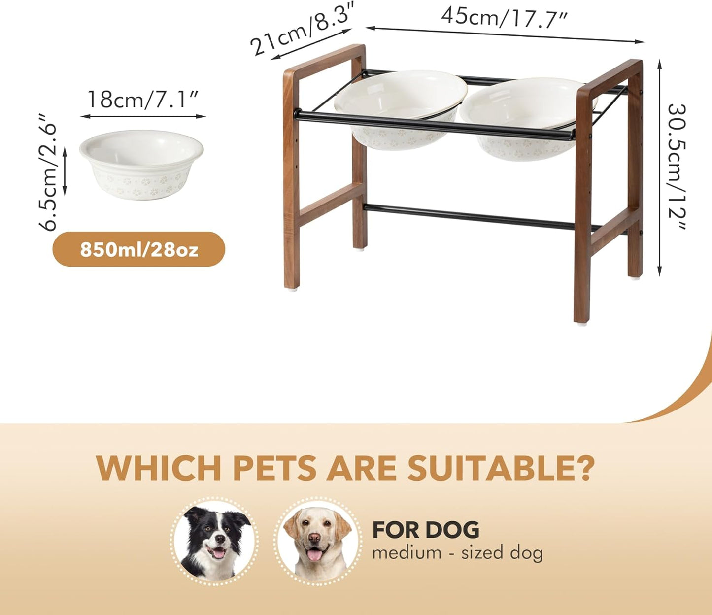 7.1inch Ceramic Adjustable Raised Double Bowls Set with Stand, 3 Heights Elevated, 2 Placement Options,Food and Water Bowls for Medium and Large Dog(Reactived Glaze -White) - Pet Explorer