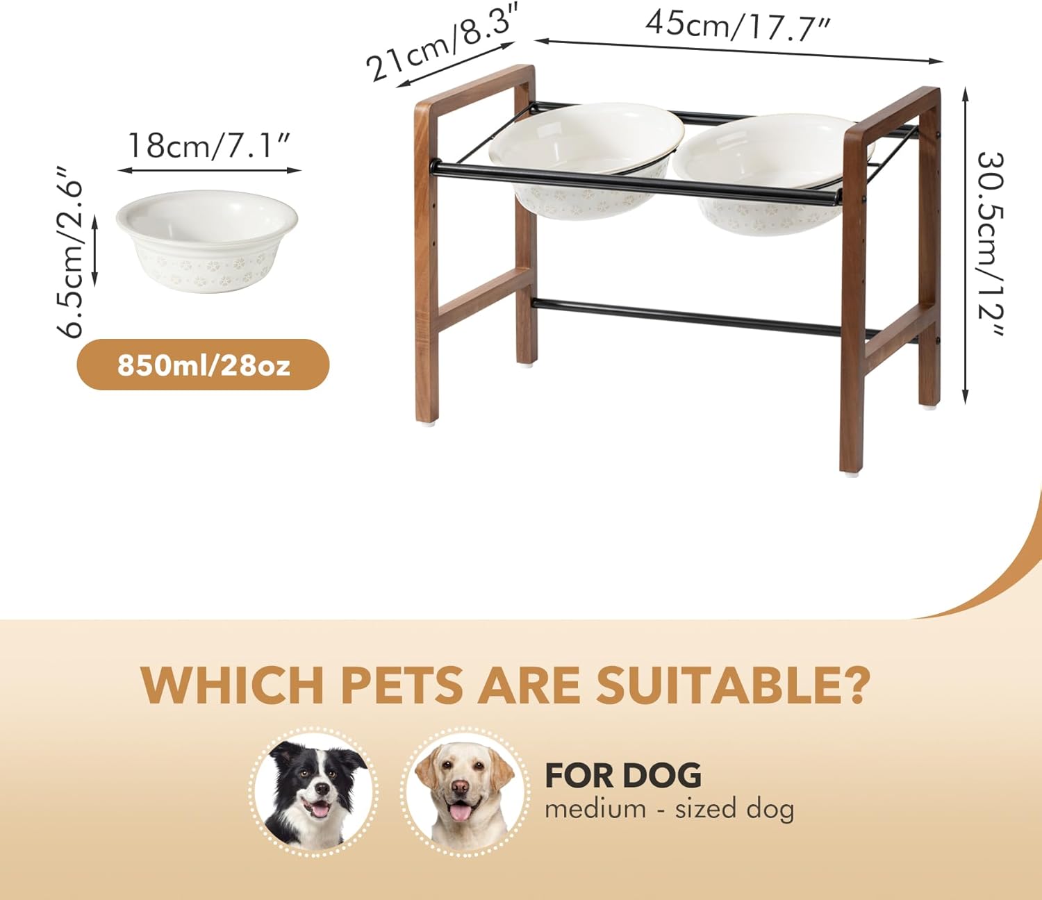 7.1inch Ceramic Adjustable Raised Double Bowls Set with Stand, 3 Heights Elevated, 2 Placement Options,Food and Water Bowls for Medium and Large Dog(Reactived Glaze -White) - Pet Explorer