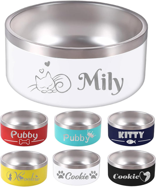 42OZ Personalized Dog Bowl Laser Engraved Custom Pet Name 18/32/42/64 oz No Slip Stainless Steel Insulated Bite-Resistant Food Water Dishes-White - Pet Explorer