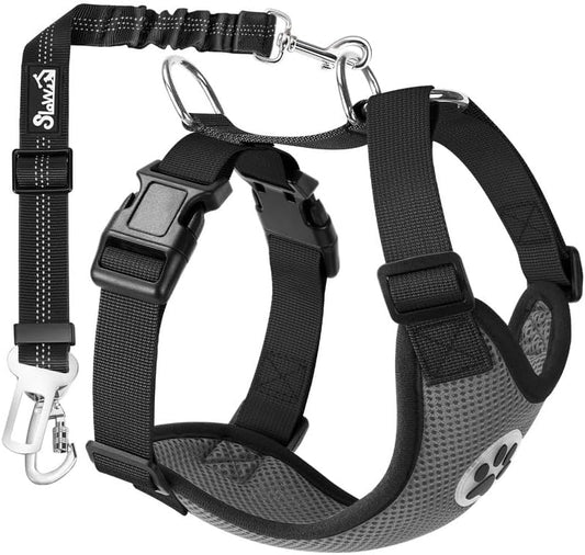 SlowTon Dog Seat Belt Harness for Car, Dog Car Harness Adjustable Mesh Breathable & Dog Seatbelt Safety Tether with Elastic Bungee for Small Medium Large Pets(Grey, Double Clip, M) - Pet Explorer