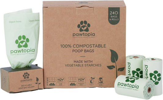 Pawtria Certified Home Compostable Dog Poop Bags (240) + Kraft Paper Dispenser, Biodegradable Poop Bags, Cat Litter, Vegetable Starches, Leak proof Dog Waste Bags, Easy to Open - Pet Explorer