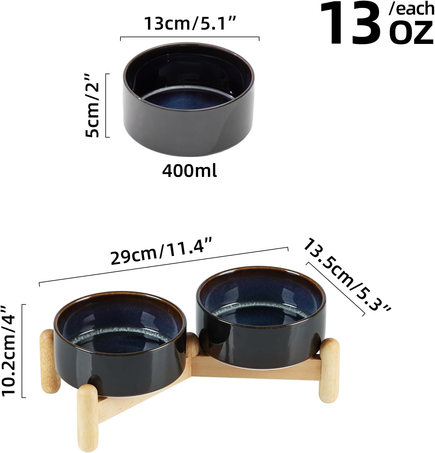 Ceramic 5.1inch Raised Double Bowls Set with Wooden Stand, Elevated Food & Water Bowls for Small Breed Dogs, Cats, Kitty, Weighted Dog Dishes, Pet Bowls(13.5oz, Starry Sky) - Pet Explorer