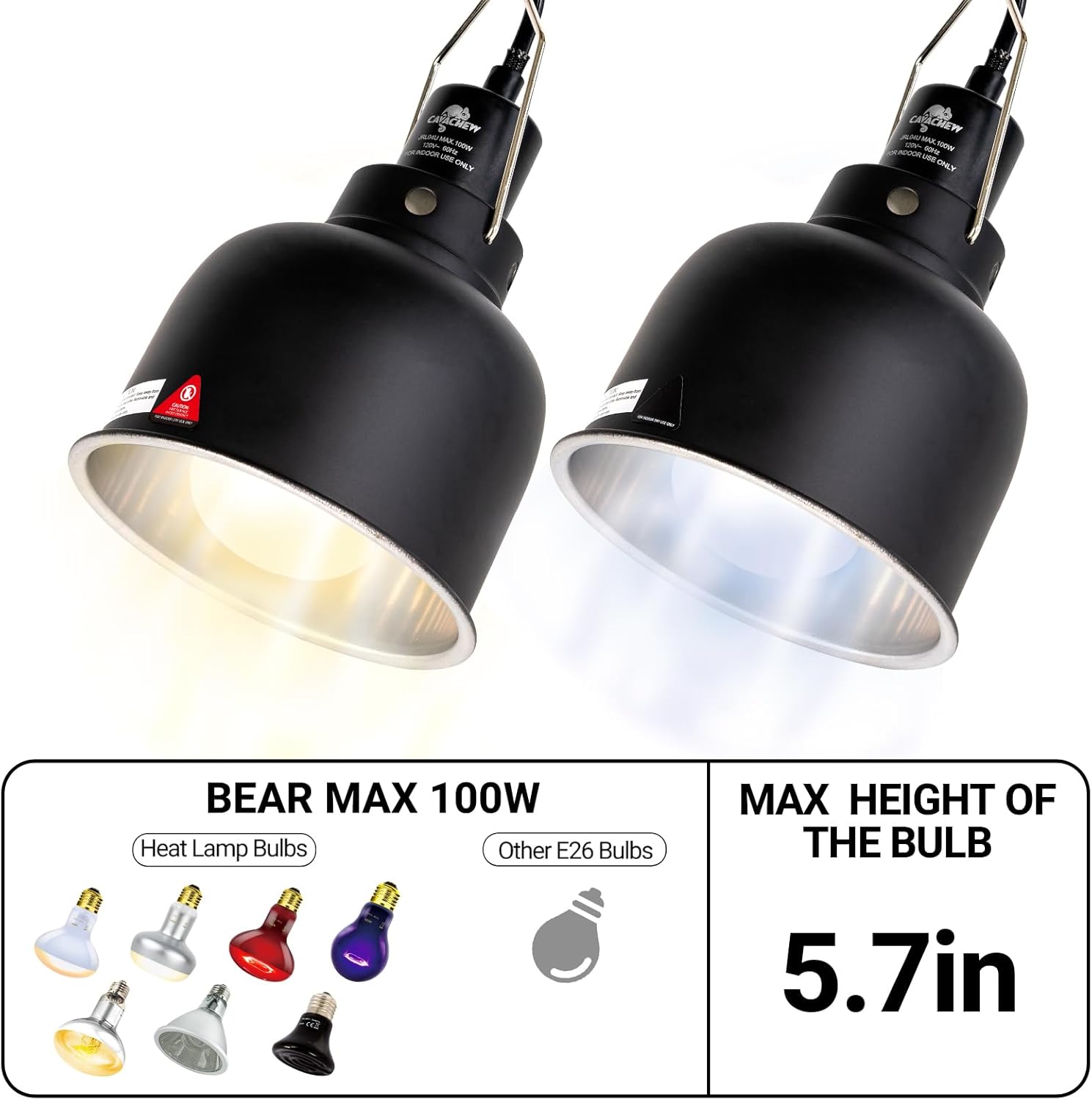 2 Pack Reptile Light Fixture, 5.5in Deep Dome Reptile Lamp Fixture, Optical Reflection Cover, Separate Switche & Hook, Terrarium Light Fixture for Reptile Heat Basking UVB Bulbs, 100W, Black - Pet Explorer