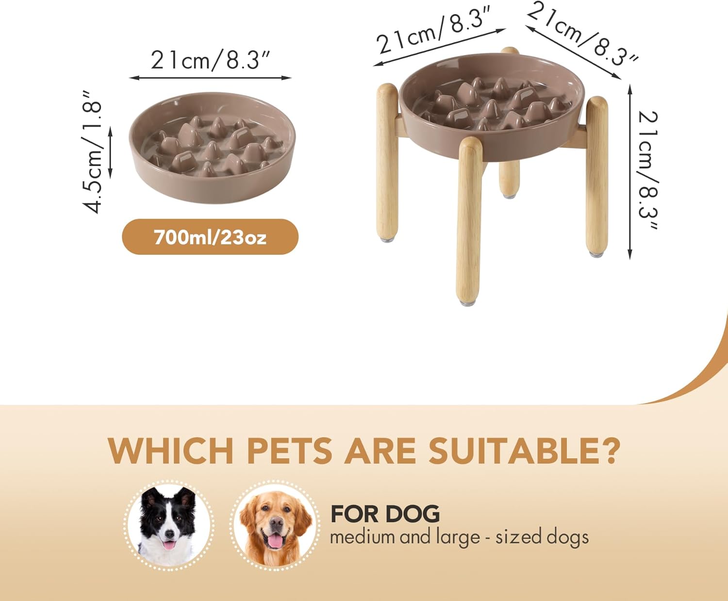 8.2inch Ceramic Dog Raised Slow Feeder Set, Elevated Bowl with Wooden Stand for Large and Medium Dog, Slow Feeder Dish for Fast Easters, Stop Bloat(Brown Coffee, Single Bowl+ Stand) - Pet Explorer