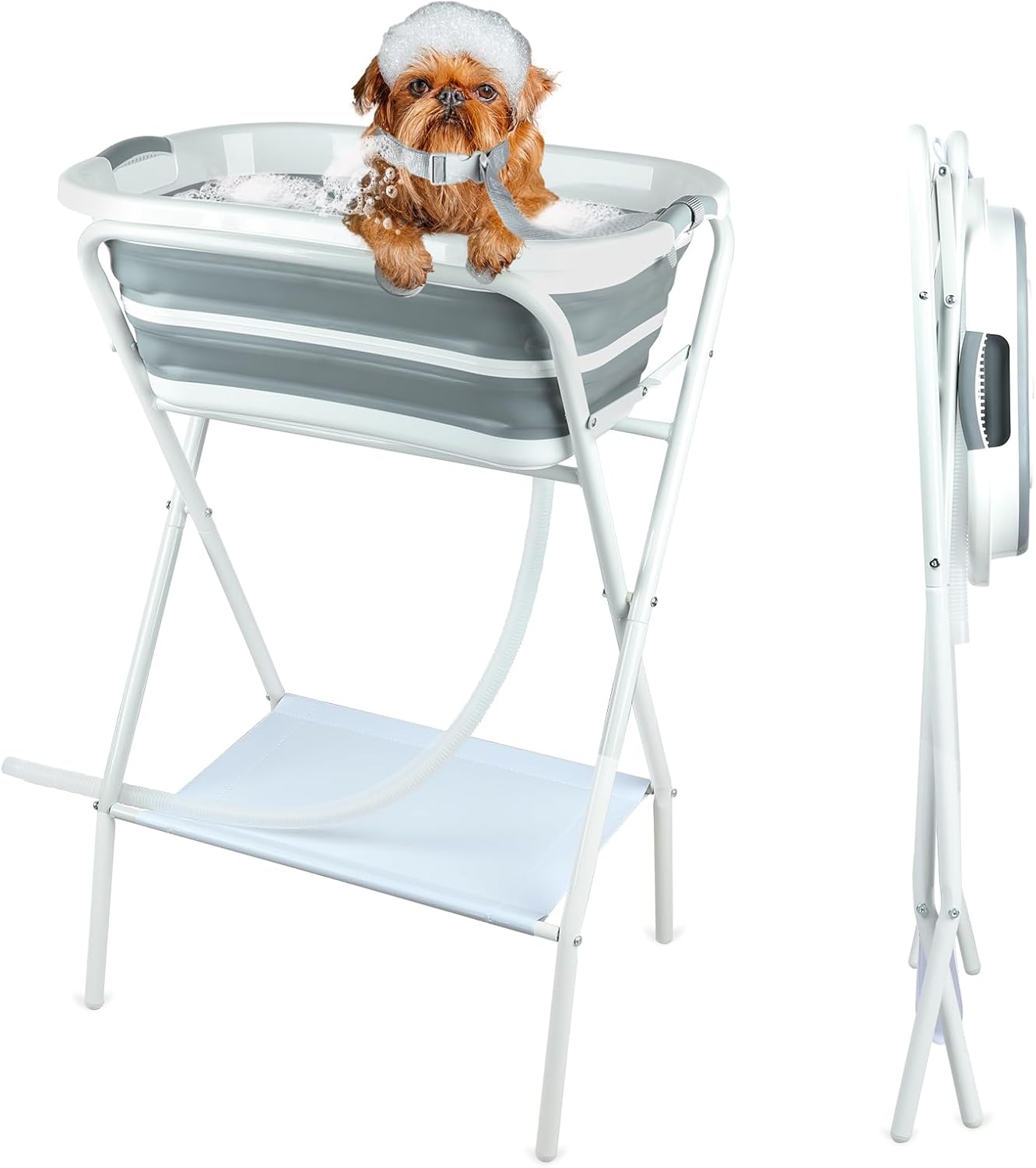 FHTONGE Elevated Dog Bathtub Grooming Station with Drain Adjustable Collar, 2 in 1 Collapsible Dogs Beautify Bathtub Portable Pet Washing Station, Pet Tub for Small Medium Dog Cat Shower Hairdressing - Pet Explorer