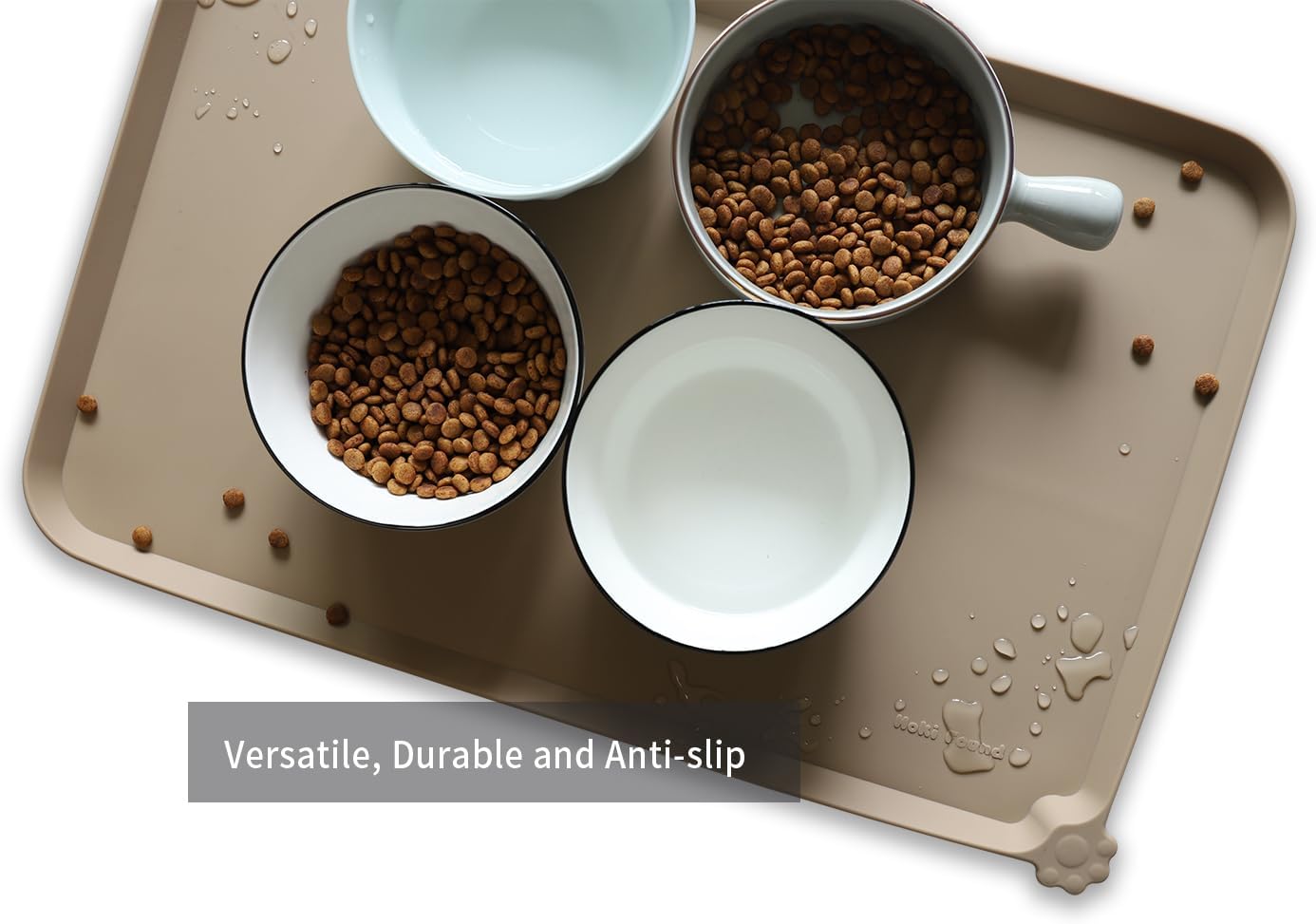 Hoki Found L Silicone Non Slip Pet Dog Cat Bowl Mats - Placemat - Feeding Mat - Waterproof - For Carpet - Tan - Pet Explorer