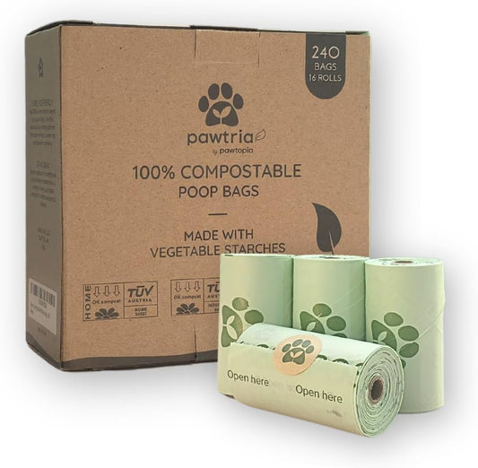 Pawtria Certified Home Compostable Dog Poop Bags (240), Biodegradable Poop Bags, Cat Litter, Vegetable Starches, Eco-friendly Dog Waste Bags, Leak proof, Easy to Open, Give Back - Pet Explorer