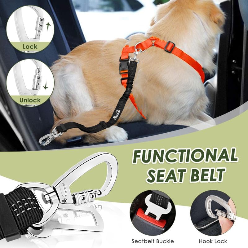 SlowTon Dog Seat Belt Harness for Car, Dog Car Harness Adjustable Mesh Breathable & Dog Seatbelt Safety Tether with Elastic Bungee for Small Medium Large Pets(Orange, Double Clip, S) - Pet Explorer