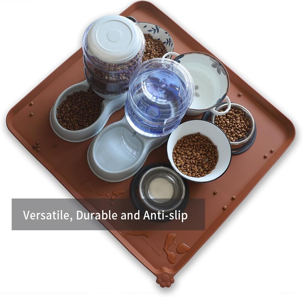Hoki Found XX-Large Silicone Pet Food Mats Tray - Non Slip Pet Dog Cat Bowl Mats Placemat - Dog Pet Cat Feeding Mat - Waterproof Dog Cat Food Mats -Pet Water Mats for Carpet - Caramel - Pet Explorer