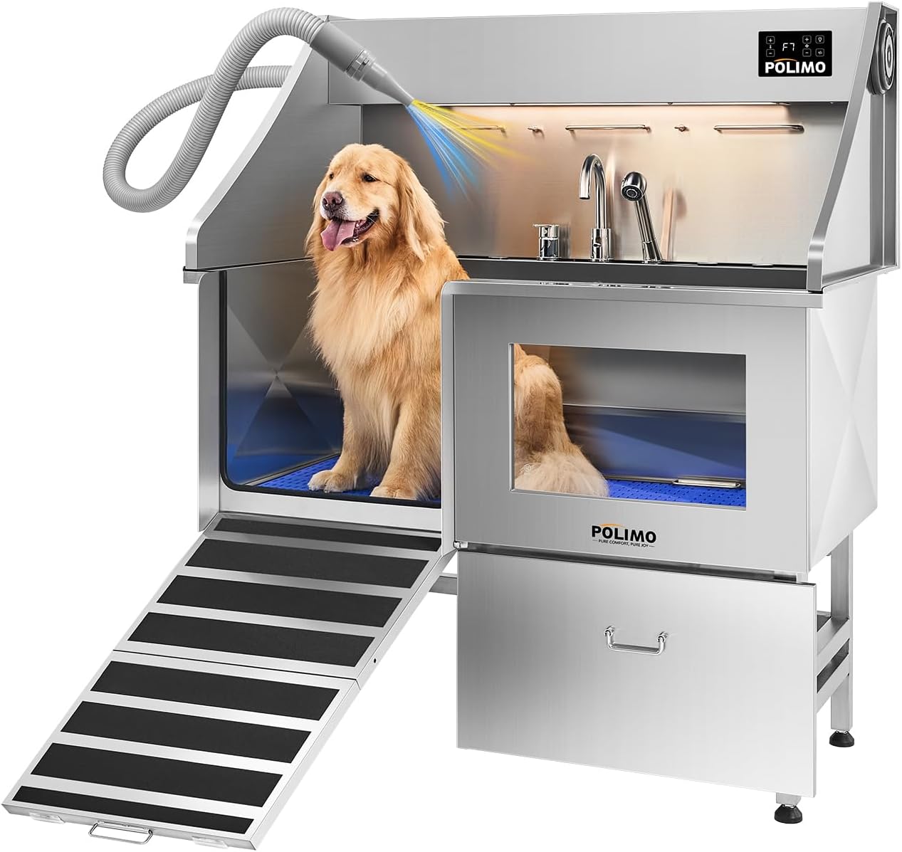 polimo Dog Wash Station with Pet Dryer & LED, Professional Dog Bathing Station for Large, Medium & Small Dogs – with Window, Ramp, Drawer, Floor Grate, LED Display & Faucet (Left RAMP & Dryer, 50") - Pet Explorer