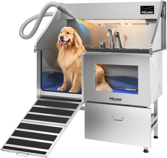 polimo Dog Wash Station with Pet Dryer & LED, Professional Dog Bathing Station for Large, Medium & Small Dogs – with Window, Ramp, Drawer, Floor Grate, LED Display & Faucet (Left RAMP & Dryer, 50") - Pet Explorer