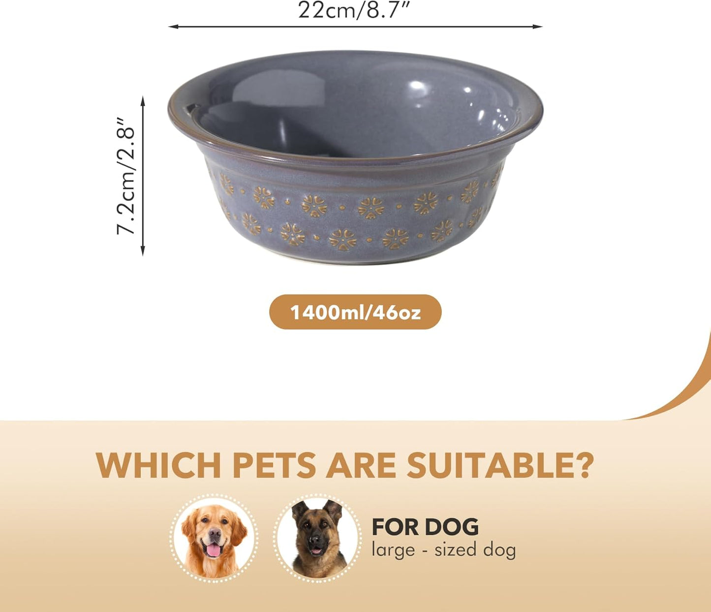 Ceramic 8.7inch Dog Bowl for Large Dog, Basic Food and Water Bowl for Replacement, Wide Opening Rounded Edge(Single Bowls, Reactived Glaze -Grey) - Pet Explorer