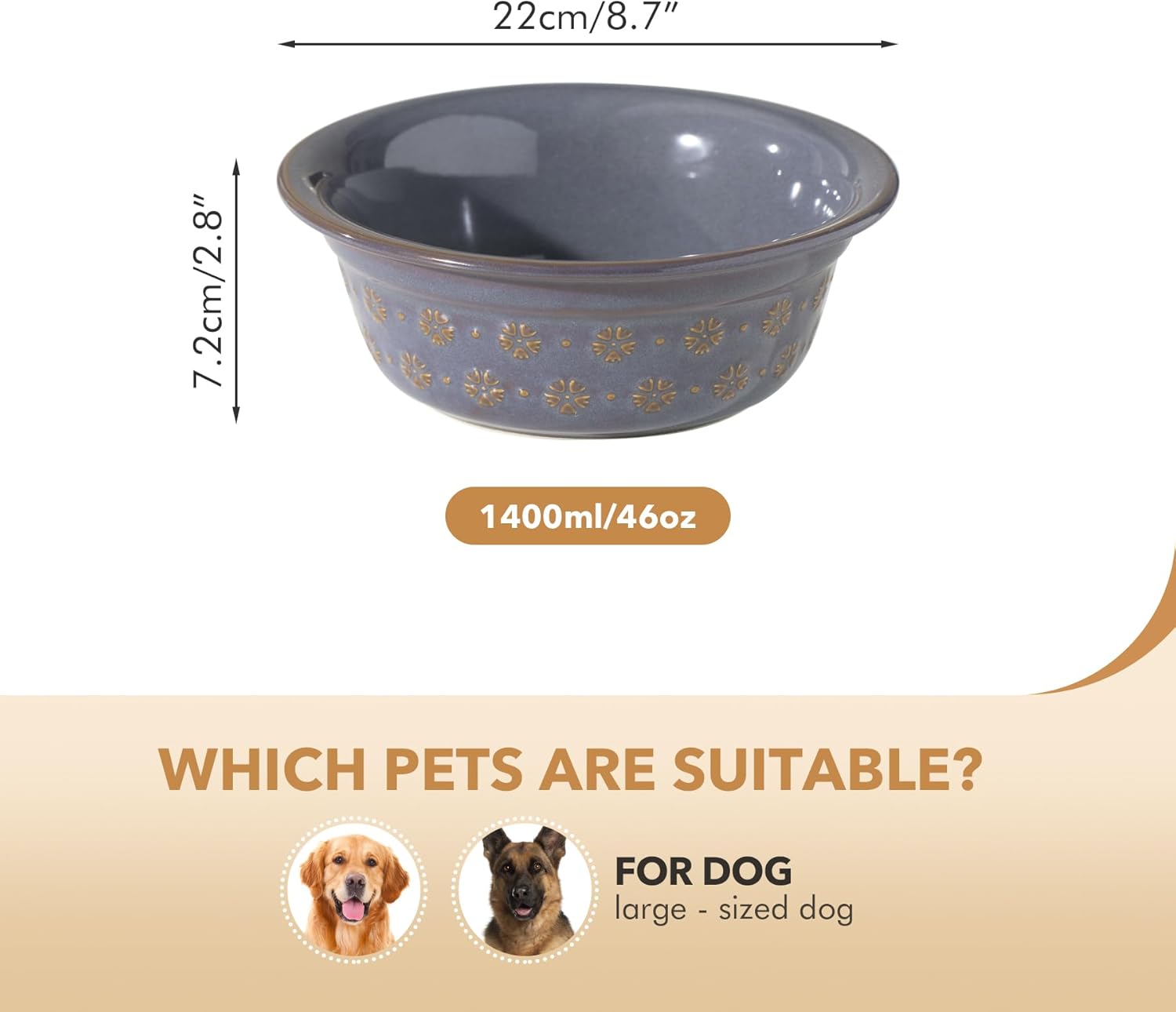 Ceramic 8.7inch Dog Bowl for Large Dog, Basic Food and Water Bowl for Replacement, Wide Opening Rounded Edge(Single Bowls, Reactived Glaze -Grey) - Pet Explorer