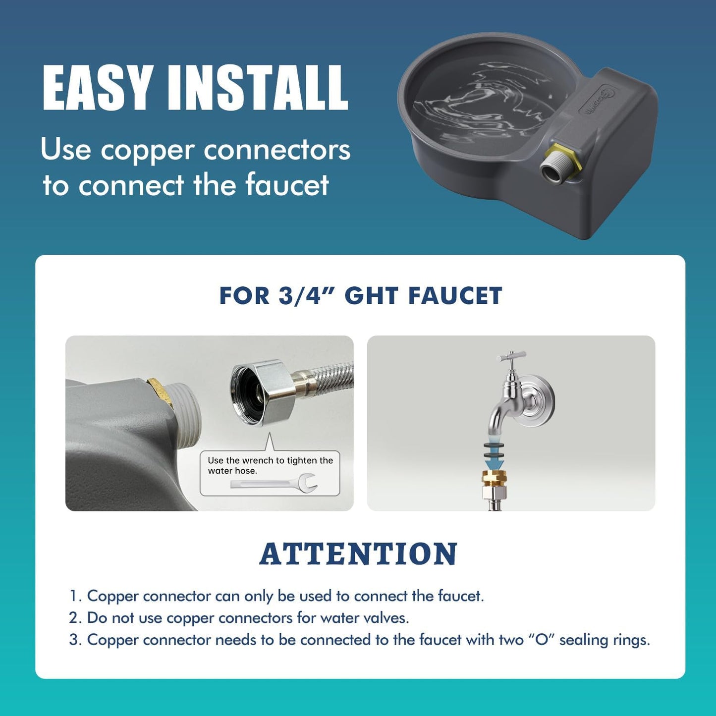 Automatic Water Dispenser for Dogs, Patented 2L Dog Water Bowl Dispenser, Automatic Chicken Waterer Fit 3/4'' GHT Faucet, Water Hose, Copper Connector Outdoor Dog Water Bowl for Livestock Animal - Pet Explorer