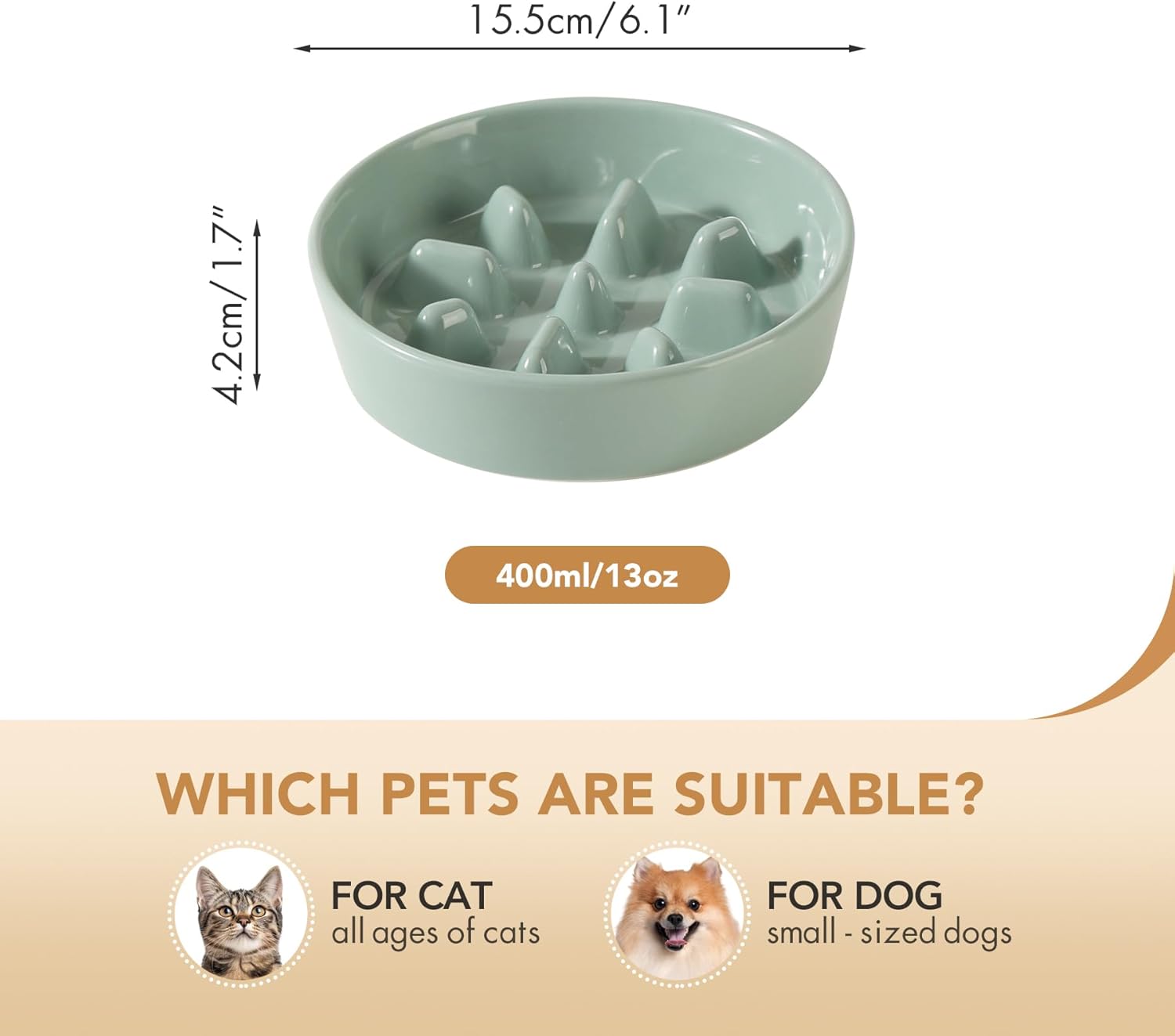 6.1inch Dog Bowl Slow Feeder Ceramic, Slow Pet Food Dish for Small Dog and Cat, Stop Bloat, Preventing Choking(Single Bowl, Beige) - Pet Explorer
