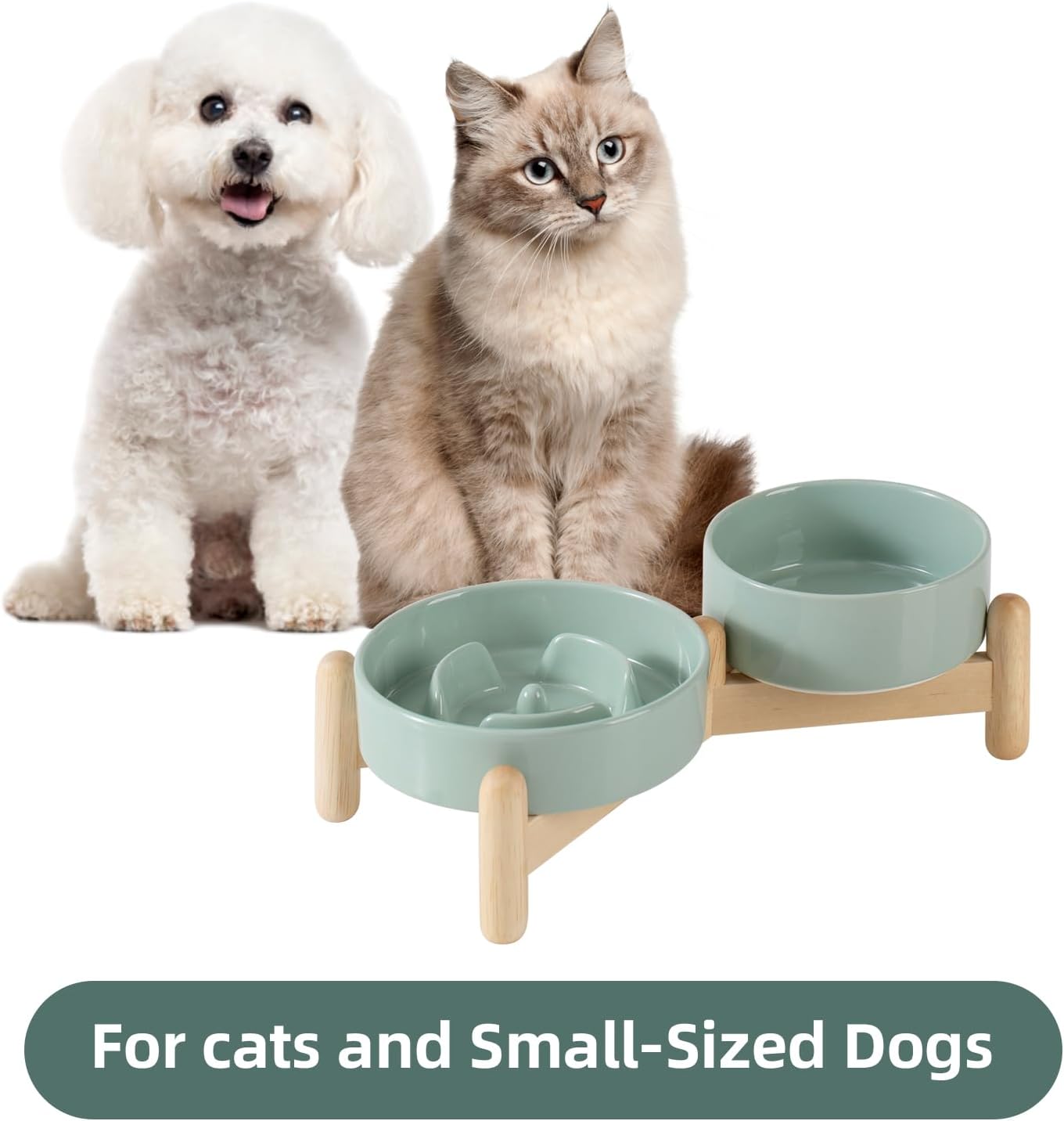 Ceramic Raised Slow Feeder Dog Bowl Set, Elevated 5.1inch Bowl and 6.1inch Puzzle Slow Pet Food Dish with Wooden Stand for Small Dog and Cat, Anti-Gulping (2X Light Green+ Stand) - Pet Explorer