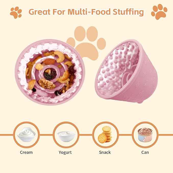Dog Lick Bowl with Brush and Scraper, Anxiety Relief Silicone Slow Feeder Treat Dispenser, Anti-chocking Pet Dish, Non-Slip Interactive Entertainment Dog Puzzle Toy for Medium & Large-Pink