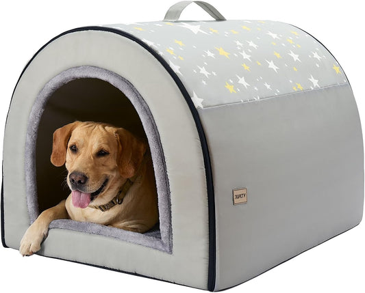 Jiupety 2 in 1 Dog House Indoor, Comfy Cave Bed Covered Dog Bed, Portable House for Large Dogs, 3XL(39"×32"×28"), Up to 90 Lb, Grey - Pet Explorer