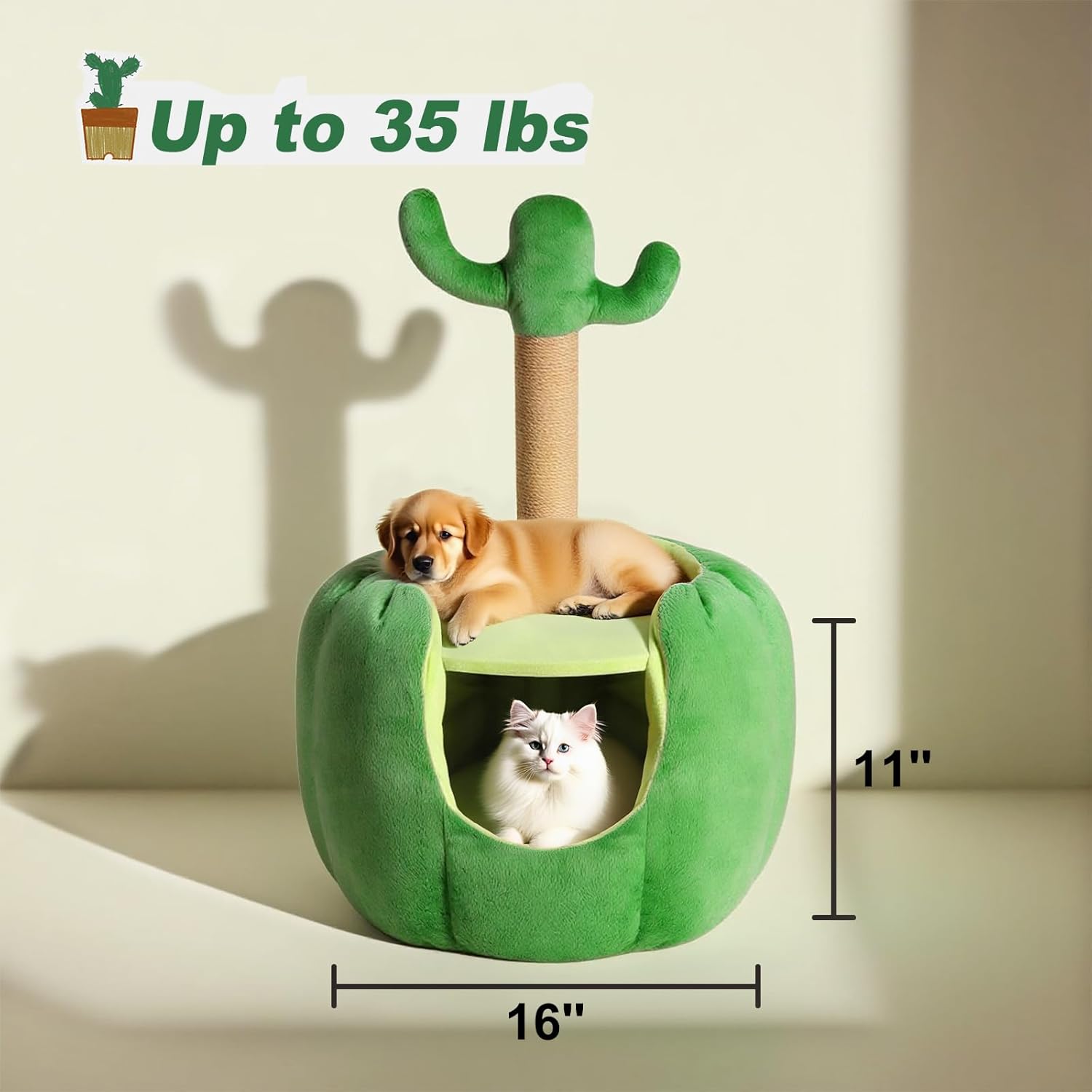 Cat Houses for Indoor Cats, Small Cat Tree with Sisal Ropes and Plush Perch, Cute Cat Bed Cave with Soft Pillow, Cactus Design - Pet Explorer