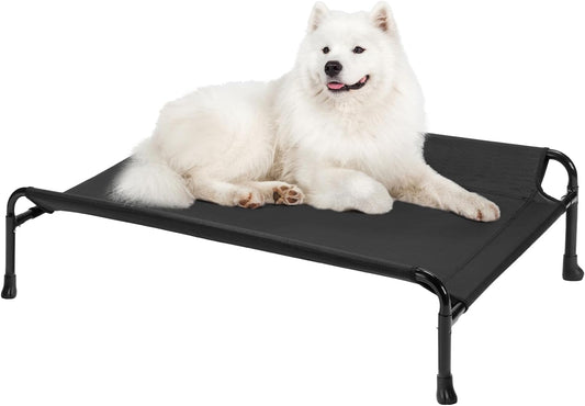 Veehoo Elevated Dog Bed, Cooling Raised Dog Bed with Guardrail & Headrest, Upgraded Non-Slip Silicon Feet, Breathable Teslin Mesh, Portable Pet Cot for Indoor and Outdoor, 35 x 22 Inches, Black - Pet Explorer