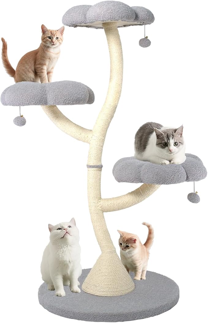 FKWin 48" Tall Cat Tree,Flower Shape Design,Scratching Post Condo,Multi-Level Furniture Activity Center,Kittens Pet House Play with Hang Ball,Plush Cat Tower for Large Cats (Gray-3 Tiers)