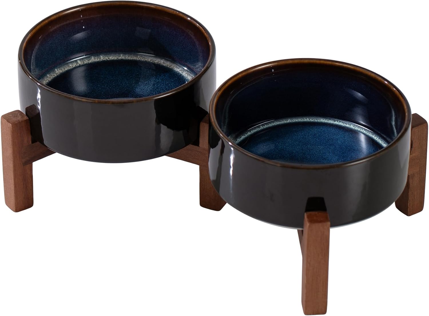 Ceramic 5.1inch Raised Double Bowls Set with Acacia Wood Stand, 2 Heights Elevated, Food & Water Bowls for Puppy, Kitty, Cats(13.5oz, Starry Sky) - Pet Explorer