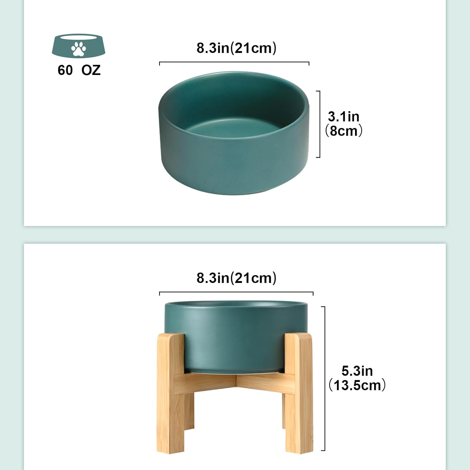 SPUNKYJUNKY Ceramic Elevated Dog Bowls 2 Pack - 8.3inch Raised Dog Bowls with Non-Slip Wooden Stand for Large Dogs Dishwasher Safe(Green,60OZ*2) - Pet Explorer