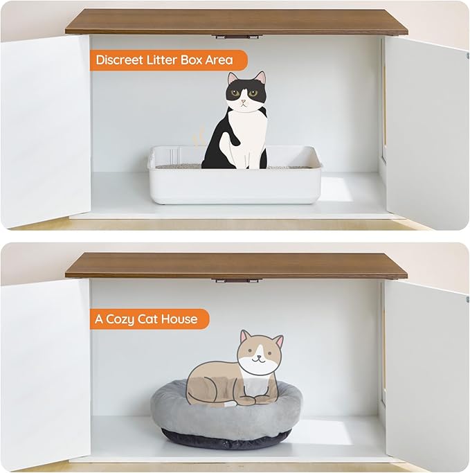 HOOBRO Hidden Litter Box Furniture, Large Cat Litter Box Enclosure Furniture, Wooden Litter Box Cabinet with Cute Cat Patterns & Arched Entrance, 31.3" L x 17.7" W x 17.3" H, White & Walnut