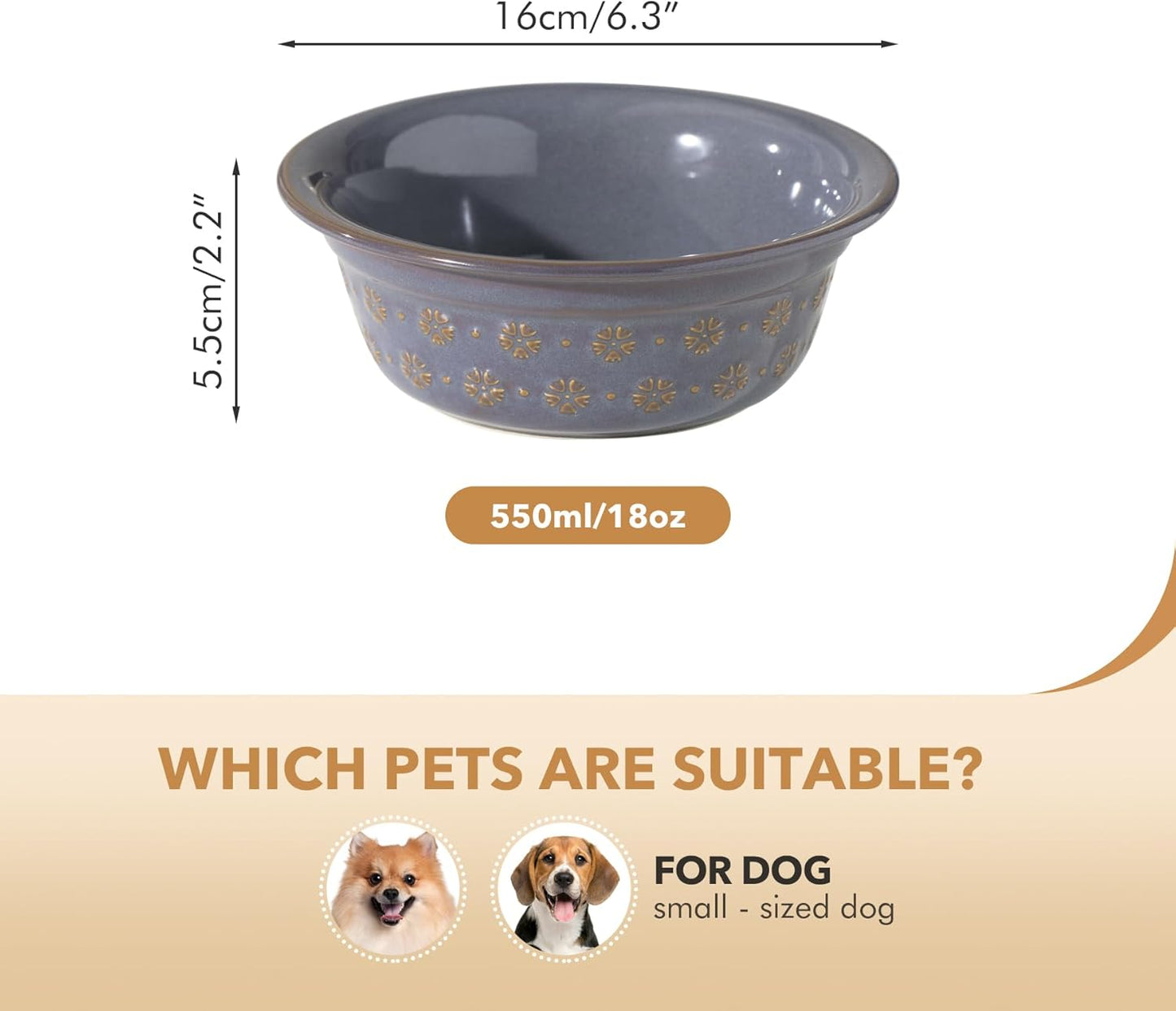 6.3inch Ceramic Set of 2 Dog Bowls, Food and Water Bowls for Small and Medium Dog, 2pcs Basic Dog Bowl, Wide Opening Rounded Edge (2 Bowls, Reactived Glaze -Grey) - Pet Explorer