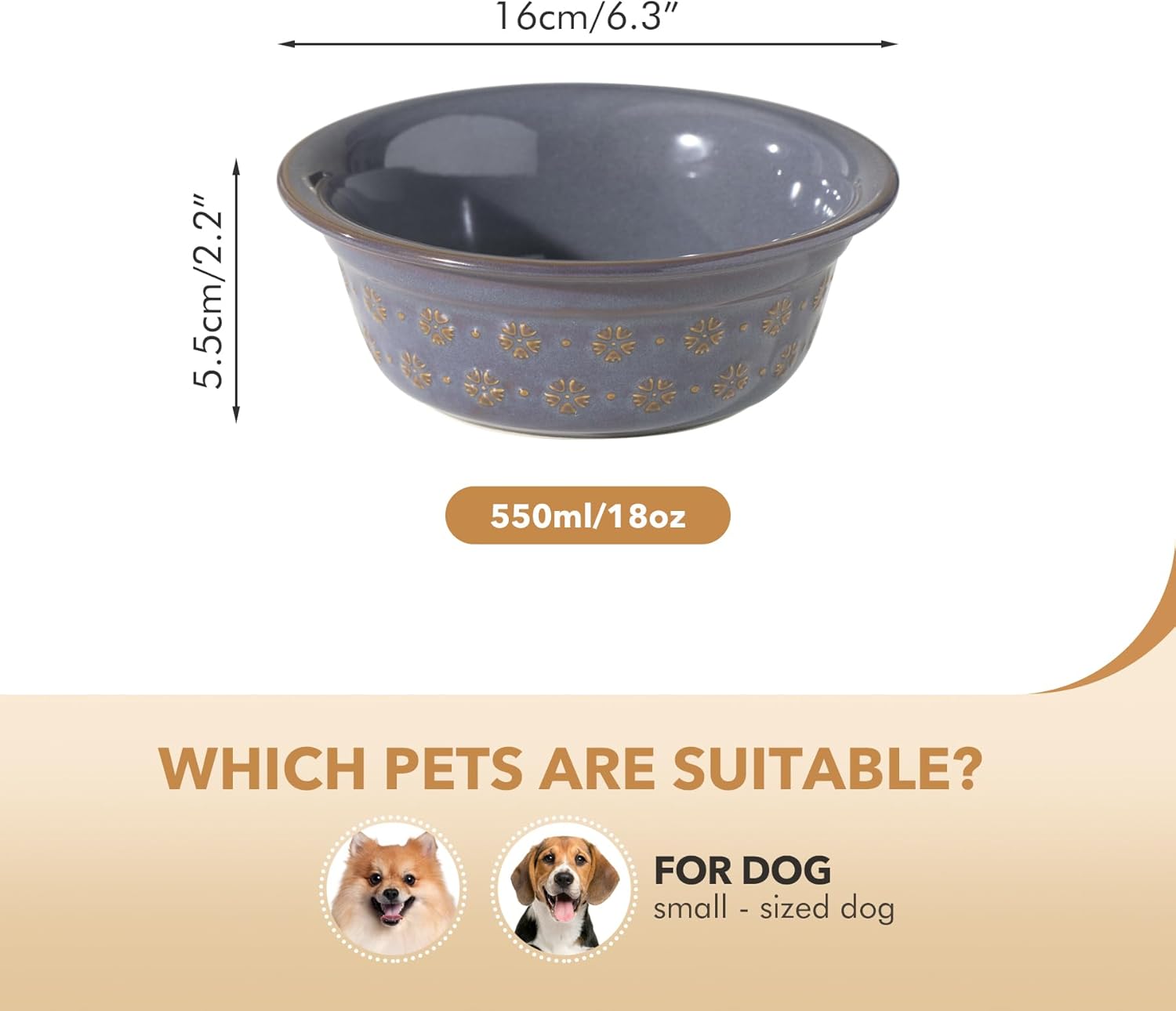 6.3inch Ceramic Set of 2 Dog Bowls, Food and Water Bowls for Small and Medium Dog, 2pcs Basic Dog Bowl, Wide Opening Rounded Edge (2 Bowls, Reactived Glaze -Grey) - Pet Explorer