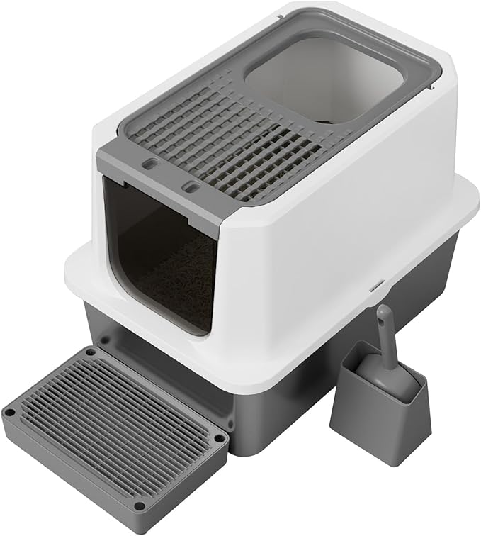 RIZZARI Large Cat Litter Box: Dark Gray Semi-Enclosed Stainless Steel Litter Box with Raised Edges - Anti-Leakage Odorless - Litter Pan for Small to Large Sized Cats in Bedroom Living Room