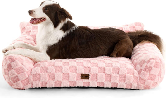 Made4Pets Dog Couch Bed, Soft Faux Fur Checkered Pet Sofa, Comfortable Fluffy Dog Sofa with Supportive Foam, Removable Washable Cover with Non-Slip Base, Pink, Large - Pet Explorer