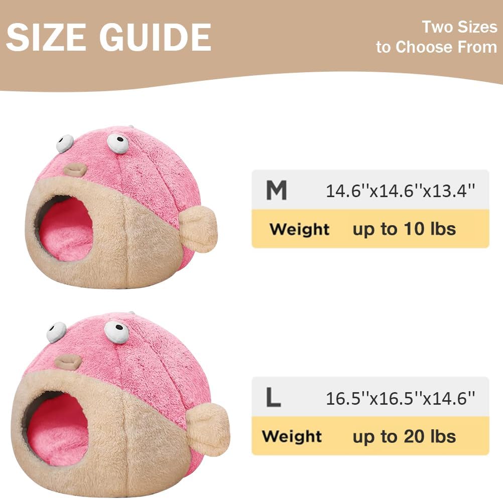 Cat Beds for Indoor Cats - Cat Bed Cave with Removable Washable Cushioned Pillow, Soft Plush Premium Cotton No Deformation Pet Bed, Lively Pufferfish Cat House Design, Pink, Multiple Sizes(M) - Pet Explorer