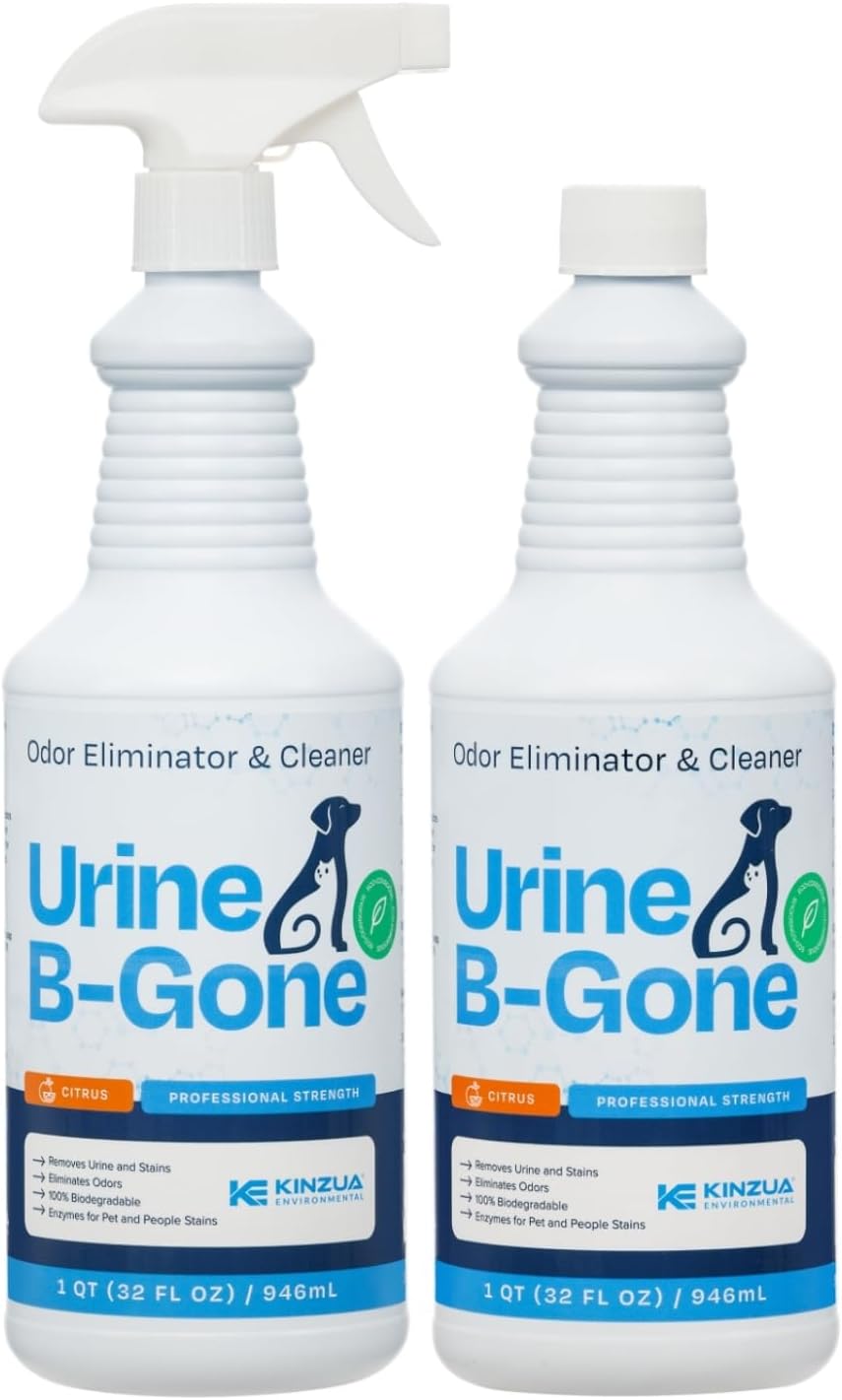 KINZUA ENVIRONMENTAL Urine B-Gone, Professional Enzyme Odor Eliminator & Pet Stain Remover, Human, Cat & Dog Urine Cleaner, Effective on Laundry, Carpets & More, Citrus Scent, 32oz, Pack of Two - Pet Explorer