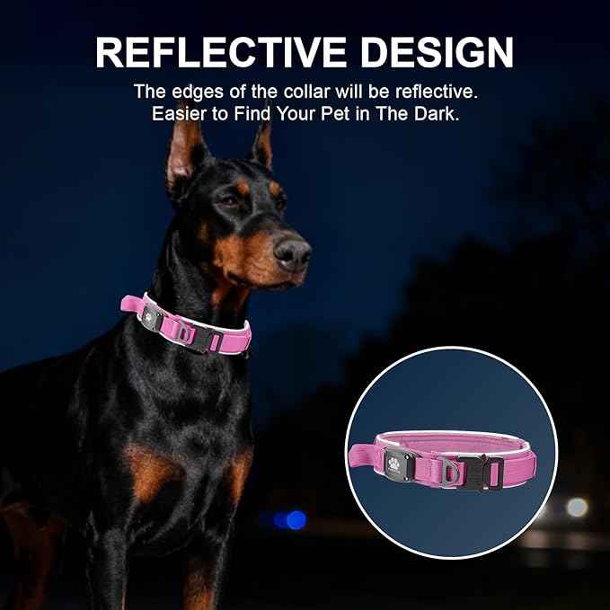 2026 Upgrade Dog Collar with IPX8 Waterproof AirTag Holder,Military Tactical Comfortable Control Handle and Ultra-Durable Metal Buckle/Night Reflective,GPS Collar for Medium to Large Dogs（Pink/L）