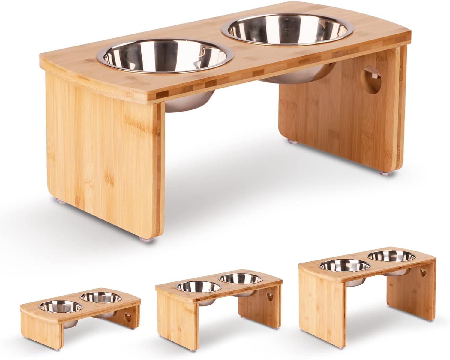 Elevated Dog Bowls, Bamboo Raised Dog Bowl for Medium Dogs, with 2 Stainless Steel Bowls (7'' Tall-30 oz Bowl) - Pet Explorer