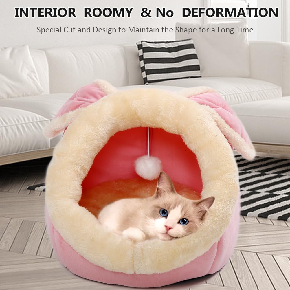 Lcybem Cat Beds for Indoor Cats - Rabbit-Shaped Cat Cave Bed with Hanging Toy,Super Soft Calming cat Tent for Kitten&Puppy,Small Dog,Warm Plush&Machine Washable&Removable Cotton Pad (Pink L) - Pet Explorer