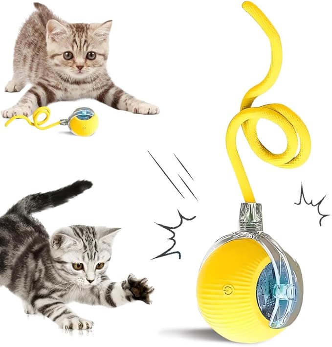 Smart Interactive Cat Toy Ball with Auto Obstacle Avoidance, 2 Mode Rolling Rechargeable Toy to Relieve Boredom, Quiet Durable Toy for Indoor Cats (Yellow)