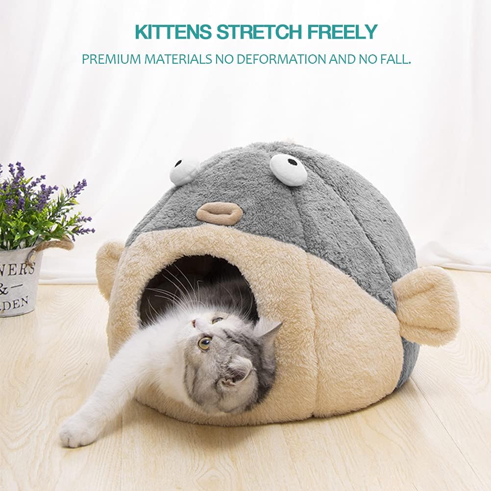 Cat Beds for Indoor Cats - Cat Bed Cave with Removable Washable Cushioned Pillow,2 in 1 Super Soft Animal-Shape Cat Tent for Kitten and Small cat, Lively Pufferfish cat beds & Furniture, Grey(M) - Pet Explorer