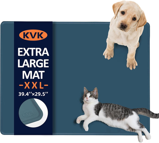 KVK Dog Food Mat, 39.4×29.5in Extra Large Silicone Pet Feeding Mat - Waterproof, Non - Slip, Chew - Resistant for Food & Water, Protect Floors (Royal Blue) - Pet Explorer