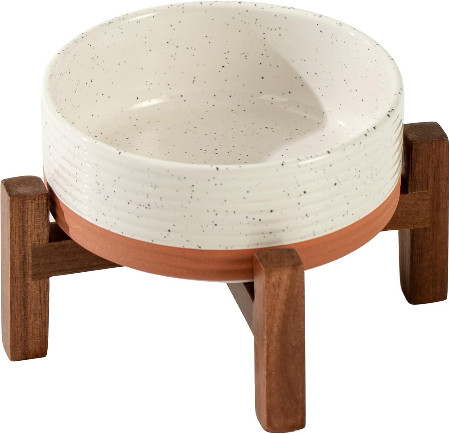 Ceramic 5.1inch Raised Dog and Cat Bowl Set, 2 Heights Elevated Wooden Stand for Puppy, Kitty, Cats, Weighted Pet Food and Water Dishes(5.1'',13.5oz, Vanilla White) - Pet Explorer