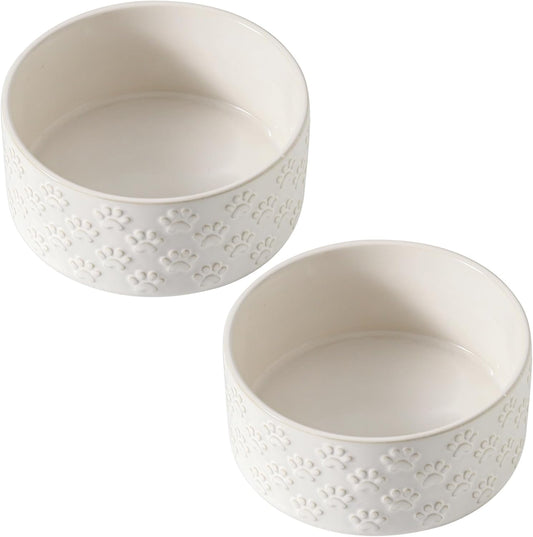 UBEE Ceramic Dog Food Bowl Set of 2, 6.1 inch Dog Dish Bowl with Paw Pattern, Pet Food Water Dish Feeding for Small and Meidum Dogs and Large Cat, White - Pet Explorer