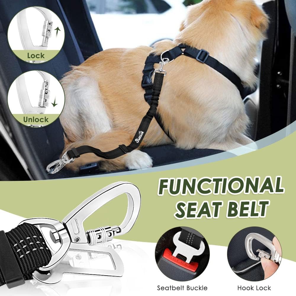 Lukovee Dog Seat Belt for Car, Adjustable Dog Car Harness for Large Medium Small Dogs, Soft Padded & Breathable Mesh Dog Seatbelt with Car Strap and Carabiner(Lime Green Double Clip,Medium) - Pet Explorer