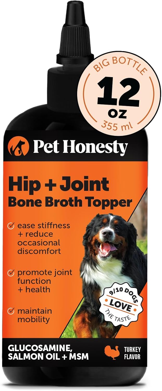 Dog Joint Supplement with Salmon Oil for Dogs - Ease Stiffness, Reduce Discomfort & Support Joint Mobility Liquid Supplement, Dog Food Topper Bone Broth with Glucosamine for Dogs (12 oz) - Pet Explorer