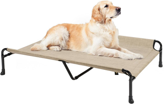 Veehoo Cooling Elevated Dog Bed - Raised for Large Dogs, Outdoor With Guardrail, Upgraded Non-Slip Feet, Breathable Teslin Mesh, Portable Camping Cot, 53 x 33 Inches, Beige Coffee - Pet Explorer