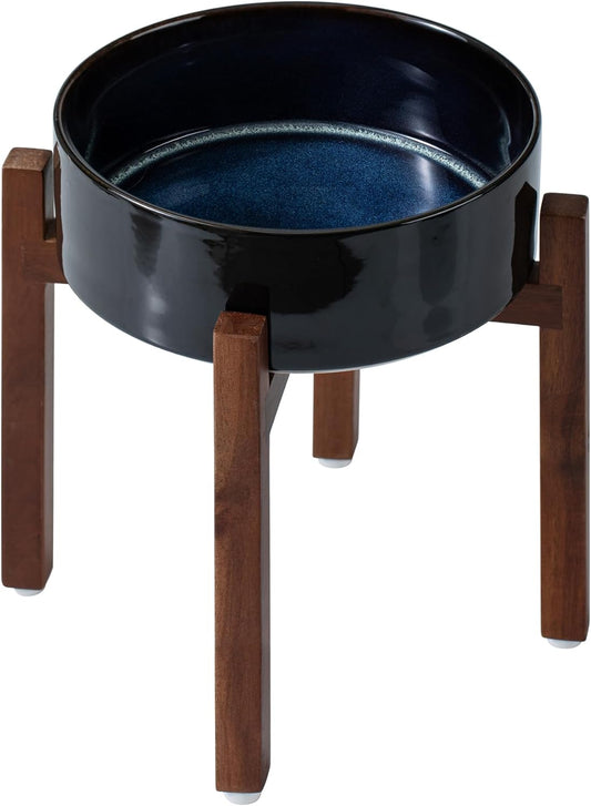 Ceramic 8.2inch Raised Dog Bowl Set, Elevated with Acacia Wood Stand, Food and Water Bowl for Large Breed Dogs, Weighted Pet Dishes(60oz, Starry Sky) - Pet Explorer