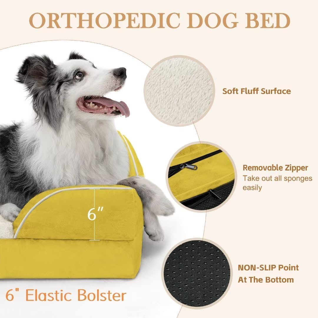 Comfort Expression XXL Dog Bed Orthopedic Foam, Waterproof Dog Beds for Oversized Dogs, Washable Dogs Sofa Bed with Removable Cover & Non-Slip Bottom(XX-Large,Spicy Mustard) - Pet Explorer