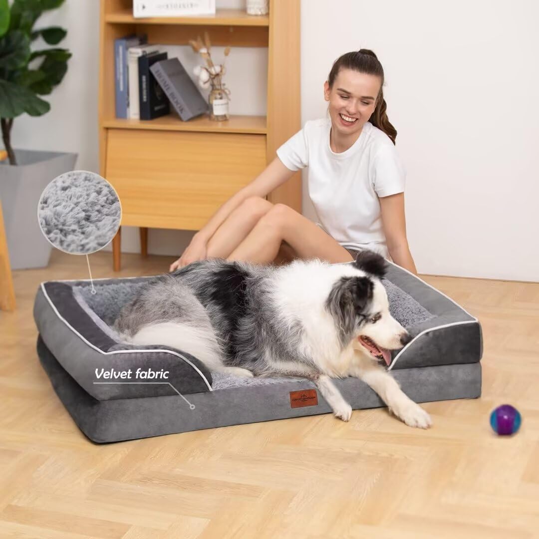 Comfort Expression Memory Foam Dog Beds, Orthopedic Dog Beds for Extra Large Dogs, Waterproof Dogs Beds Jumbo Breed, with Bolster & Removable Cover(Jumbo,Silver Grey) - Pet Explorer