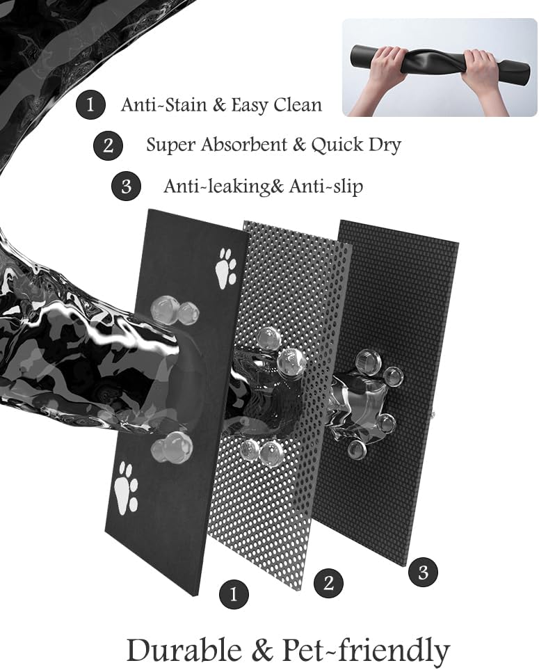 Pet Feeding Mat-Absorbent Dog Mat for Food and Water Bowl-No Stains Quick Dry Water Dispenser Mat-Dog Accessories Pet Supplies-Bowl for Messy Drinkers（Black,17"x34" - Pet Explorer
